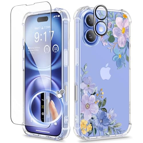 GVIEWIN for iPhone 16 Case, with Screen Protector & Camera Lens Protector, Floral Shockproof Protective Bumper Slim Soft Clear Phone Cover for Women 2024 6.1" (Violet Bloom/Blue) - Image 1