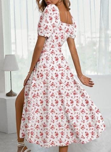 BLENCOT Womens Summer Casual Floral Dress Square Neck Puff Sleeve Boho Split Midi Long Dress P20120 Medium - Image 4