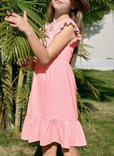 DOKOTOO KIDS Girls Summer Dress Flutter Ruffle Sleeve A-Line Dresses Casual Boho Vacation Sundress Pink 6-7 Years - Image 3