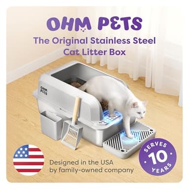 OHM Pets XL Cat Litter Box Stainless Steel - 20L Non-Stick Extra Large Stainless Steel, Rust-Proof, Anti-Leak Metal Litter Box High Sides w/Scoop & Tray, Light Grey - Image 2