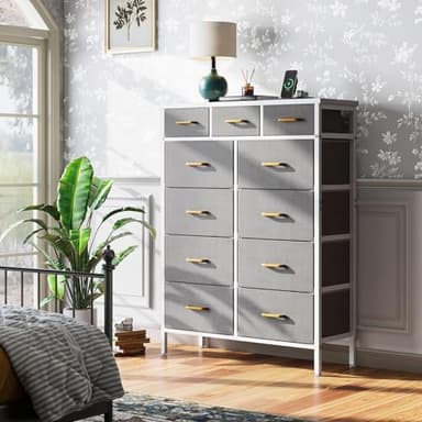 AODK Dresser with Charging Station, 52 Inches Tall Dresser for Bedroom with 11 Storage Drawers, Large Fabric Dressers for Hallway, Light Grey - Image 2