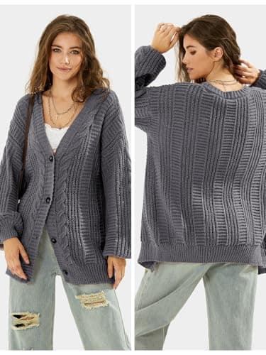 EXLURA Womens 2025 Oversized Cardigan Sweaters Fall Winter Lightweight Soft Knit Cardigan Open Front Button Outwear Coats Grey - Image 4