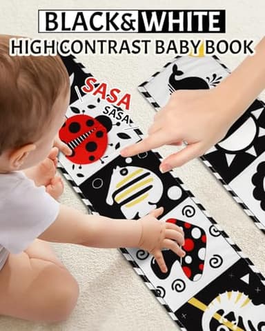 Tummy Time Toys, High Contrast Baby Book with Mirror & Teether, Black and White Infant Books, 0-6-12 Months Soft Book for Newborn, Sensory Books, Tummy Time Car Seat Toys 0-6 Month Boy Girl Gift - Image 5