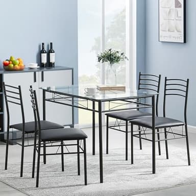VECELO Kitchen Dining Table and Chairs Set for 4, PU Padded Seat & Glasses Tabletop, Space Saving, Matte Black - Image 5