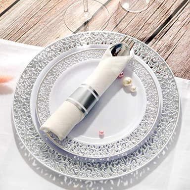 WELLIFE 350 Pieces Silver Disposable Plastic Dinnerware, Silver Lace Plates for Wedding & Party, Includes:50 Dinner Plates, 50 Dessert Plates, 50 Cups, 50 Pre Rolled Napkins with Silver Cutlery - Image 4