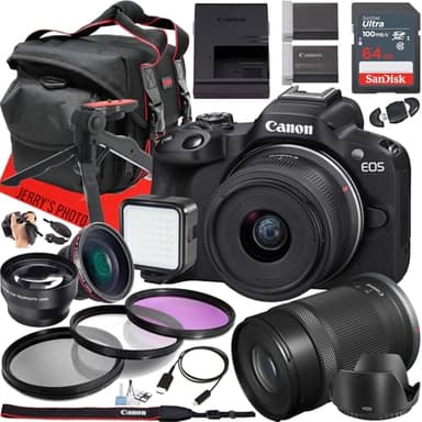 Canon EOS R50 Mirrorless Camera with RF-S 18-45mm f/4.5-6.3 is STM and RF-S 55-210mm f/5-7.1 is STM Lens + 64 GB Memory + Extra Battery + LED Light + More (26pc Bundle) (Renewed) - Image 1