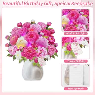 MZD8391 Birthday Cards with MUSIC & LIGHTS, Pop Up Happy Birthday Cards, Pink Penoy, 12 Inch Life Sized Forever Flower Bouquet Greeting Card Gifts for Women Mom Grandma - Image 4