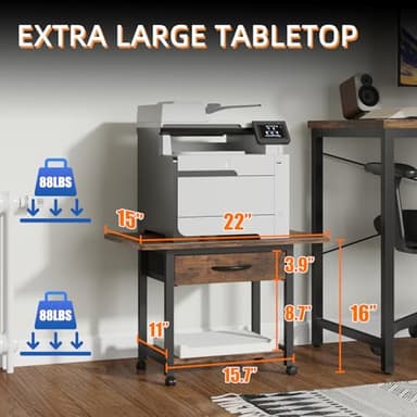 YAOHUOO Large Printer Stand with Storage Drawer, 2-Tier Under Desk Table for Home Office, Fits Fax Machine/3D Printer/Scanner (Brown) - Image 8