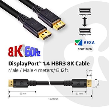 Club3D CAC-1069B VESA Certified DisplayPort to DisplayPort 1.4/Hbr3 M/M Cable DP 1.4 8K 60Hz 4m- 13,12ft - Image 2