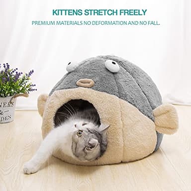 Cat Beds for Indoor Cats - Cat Bed Cave with Removable Washable Cushioned Pillow, Soft Plush Premium Cotton No Deformation Pet Bed, Lively Pufferfish cat House Design, Grey, Multiple Sizes - Image 6
