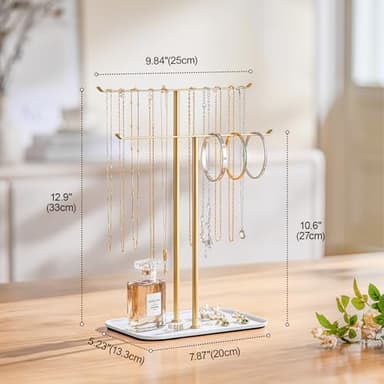pickpiff Necklace Holder Jewelry Organizer Stand – 2‑Tier T‑Bar Jewelry Display Tree with Tray for Countertop Necklace Bracelet Earring Storage, Vanity Dresser Bathroom Sink, Gold - Image 5