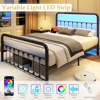 Fluest 14 Inch Queen Bed Frame Classic Metal Platform Bed Frame with Charging Station & LED, Victorian Style Iron-Art Headboard/Footboard, Under Bed Storage, No Box Spring Needed, Noise Free - Image 4