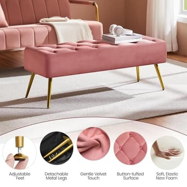 Yaheetech Modern Ottoman Bench Velvet Bench Upholstered Footrest for Living Room with Gold Metal Legs and Padded Seat Pink - Image 7