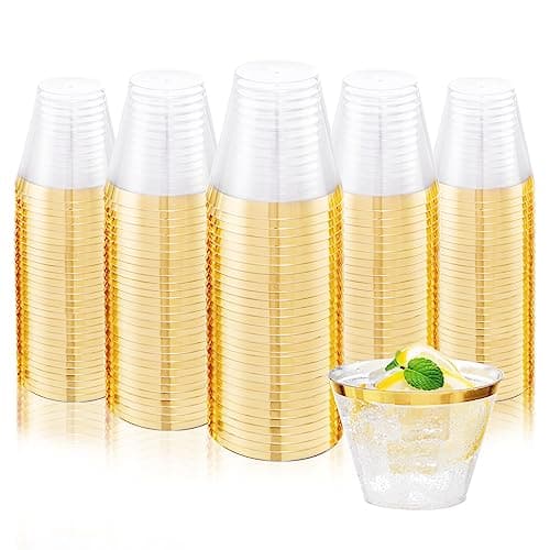Ciaell 200PCS Gold Plastic Cups - 9Oz Heavy Duty Disposable Clear Plastic Cups with Gold Rim for Wine, Cocktail, Party & Wedding & Thanksgiving - Image 1