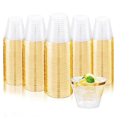 Ciaell 200PCS Gold Plastic Cups - 9Oz Heavy Duty Disposable Clear Plastic Cups with Gold Rim for Wine, Cocktail, Party & Wedding & Thanksgiving - Image 1