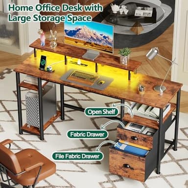 Furologee 61" Computer Desk with Power Outlet and LED Lights, Desk with Fabric File Cabinet Drawer, Large Reversible Table with Shelves and Monitor Stand, Writing Study Table for Home Office - Image 5