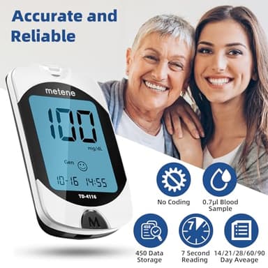 Metene TD-4116 Blood Glucose Monitor Kit, 100 Glucometer Strips, 100 Lancets, 1 Blood Sugar Monitor, Blood Sugar Test Kit with Control Solution, Lancing Device, No Coding, Large Display - Image 3