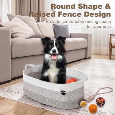 Optish Dog Toy Basket, Toy Box and Bin for Dog Cat Storage, 19.7" X 11" X 7.9" (30L) Large Woven Rope Basket for Blanket Storage, Living Room, Bedroom, White & Brown - Image 5
