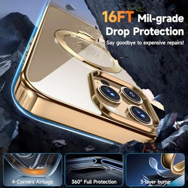[Tri-Shield Protection] for iPhone 15 Pro Max Case with 360° Spin Stand Compatible with MagSafe [Magnetic CD Ring] [Screen & Camera Lens Protector] Shockproof Plating Never-Yellowing, Gold-6.7" - Image 5