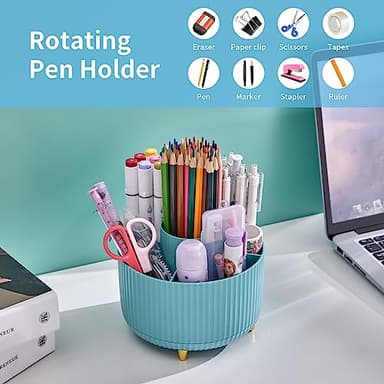 Marbrasse Desk Organizer, 360-Degree Rotating Pen Holder, Desk Organizers and Accessories with 5 Compartments Pencil Holder, Art Supply Storage Box Caddy for Office, Home（Light Blue） - Image 3