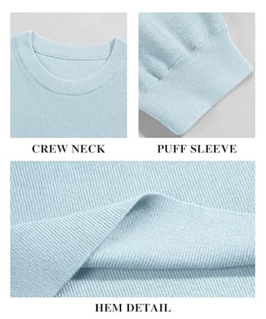 Bodosalia Womens Puff Short Sleeve Sweater Casual Summer Crew Neck Pullover Tops Ribbed Knit Sweater Blouse Blue - Image 5