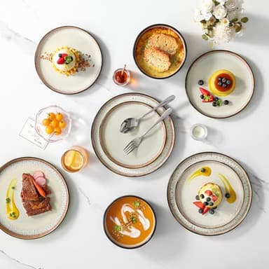 vancasso Plates and Bowls Sets, 24 Pieces Stoneware Dinnerware Sets for 8, Kitchen Dish Set Mircowave and Dishwasher Safe Dinner Set Ceramic Dishware, Light Cream, Series AMBER - Image 6