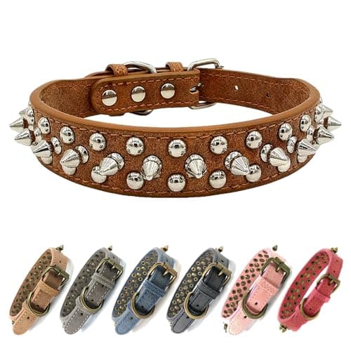 Spiked Studded Dog Collar-Chrome Round Stud Anti-Bite Collar (Brown,M) - Image 1