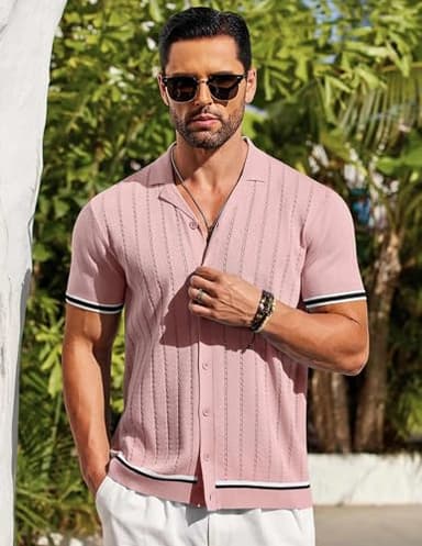 COOFANDY Contrast Knitted Shirt for Men Vintage Polo Shirt Short Sleeve Light Pink - Image 2