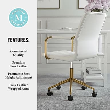 Martha Stewart Taytum Swivel Task Chair with Armrests for Home Office in White Faux Leather with Polished Brass Frame - Image 9