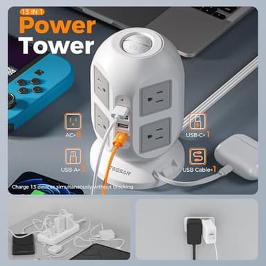 Tower Power Strip Surge Protector 10 Ft, TESSAN Flat Plug Extension Cord with Multiple Outlets, 8 AC Outlets, 4 USB Ports, 1 Built-in USB Cable, Desk Charging Station for Home Dorm Office - Image 2