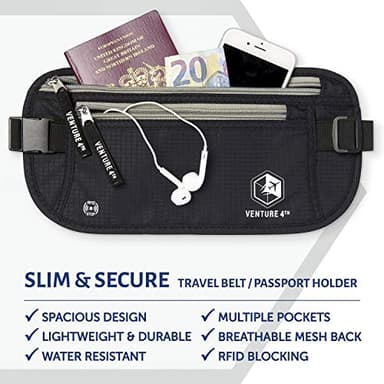 VENTURE 4TH Travel Money Belt - Slim Passport Holder RFID Blocking Travel Pouch to Protect Cash, Credit Cards and Travel Documents (Black) - Image 3