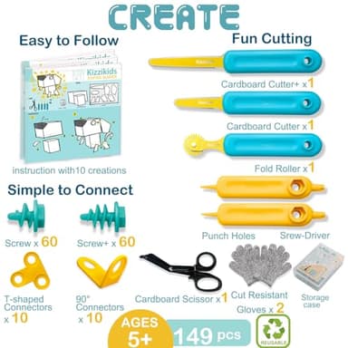 Kizzikids Cardboard Tools for Kids with Cutter &Tool Box, 149 PCS Cardboard Construction Kit for Family & Team Activities, Creative STEM Educational Toys Gift for Boys and Girls Aged 5+ - Image 2