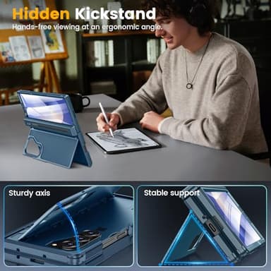 Caka for Samsung Galaxy Z Fold 6 Case [Thinner S Pen Holder] [Hidden Kickstand] [Hinge Protection] [Screen Protector] Full Body Hard Shockproof Phone Cover with Anti-Slip Textured for Fold6 - Blue - Image 2