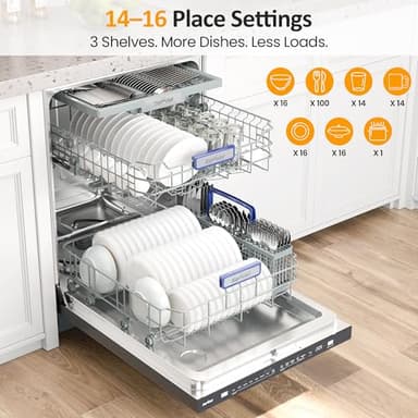 SUNVIVIPRO 24" Built-in Dishwasher, Stainless Steel Dishwasher Machine with Adjustable Racks, 14–16 Place Settings Large Capacity Dish Washer, 8 Wash Programs, Energy Star Certified, Black - Image 2