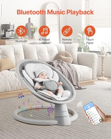 VEVOR Baby Swing, 5-Speed Portable Infant Swing with Remote Control, Touch Panel, Bluetooth Music, 10 Preset Lullabies & 5-Point Safety Harness for 0-9 Month Boys Girls Up to 20lbs - Image 2