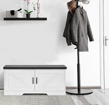 HOMSHO 2-Tier Storage Bench, 39.4" Wide Shoe Bench with Padded Seat Cushion, Entryway Bench with 2 Barn Doors and Adjustable Shelf, White - Image 9