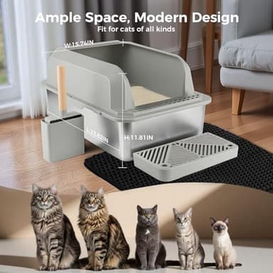 GTPLAYER Stainless Steel Litter Box, Metal XL Extra Large Litter Boxes with Lid High Sided for Big Cats and Kittens, Leak-Proof, Non-Sticky, Include Cat Step Pedal, Cat Mat and Litter Scoop - Image 2