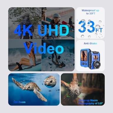 Digital Camera - 4K 56MP 33FT UHD Underwater Camera for Snorkeling with 32GB Card Dual-Screen Compact Waterproof Dustproof Floatable Camera - Autofocus Point and Shoot Digital Camera 1500mAh Battery - Image 2