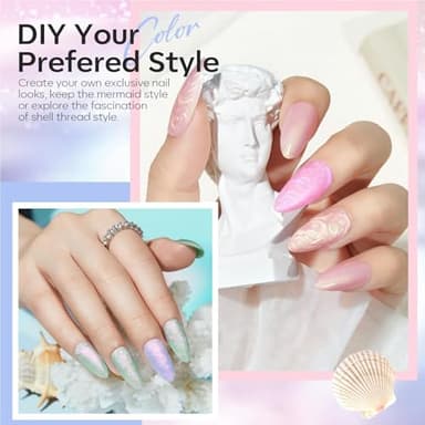 modelones Pearl Gel Nail Polish Set, 6 Colors Aurora Iridescent Shimmer White Pink Purple Mermaid Nail Drawing Glitter Gel Polish Soak Off Led Swirl Shell Thread Effect with Dotting Pen DIY Mani Gift - Image 3