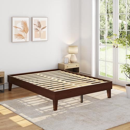 Yaheetech Queen Bed Frame Natural Solid Wood Platform Bed with Wooden Slats Support, 12-inch Underbed Space for Storage, Noise-Free Design, Easy Assembly, Dark Walnut Finish - Image 1