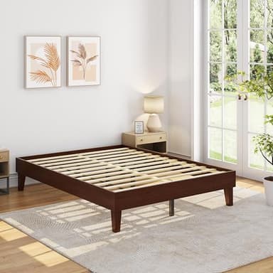 Yaheetech Queen Bed Frame Natural Solid Wood Platform Bed with Wooden Slats Support, 12-inch Underbed Space for Storage, Noise-Free Design, Easy Assembly, Dark Walnut Finish - Image 1