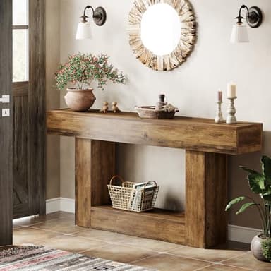 Tribesigns 63" Console Table, Farmhouse 2-Tier Entryway Table with U-Shaped Base, Narrow Long Wood Sofa Table Behind Couch Table for Living Room, Hallway, Foyer, Vintage Brown - Image 3