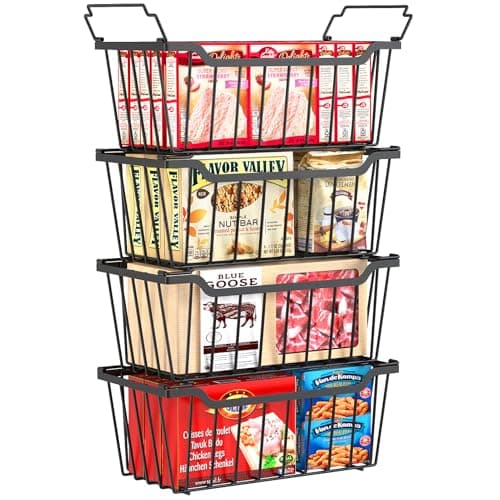 SUNALLY Freezer Organizer Bins, 4 Pack Stackable Chest Freezer Organizer for 5-7 Cu.FT Deep Freezer Sort Frozen Meats and Food, Freezer Storage Baskets with Handles Easy Reach from Bottom, Black - Image 1
