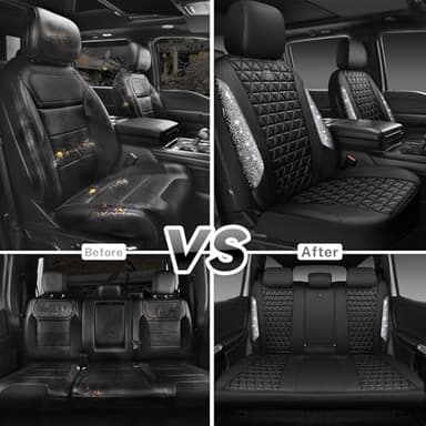 CAR PASS Bling Diamond Leather Car Seat Covers Full Seats Interior Sets, Waterproof Shining Glitter Sparkly Crystal Universal Armrest Fit Automotive Truck SUV Cute Women Girl, Black Silver Rhinestone - Image 7