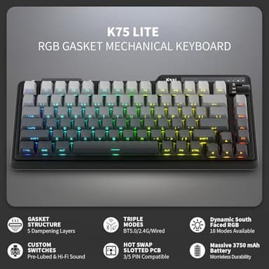 KZZI K75 Lite Wireless Mechanical Keyboard, 75% Gasket Mount RGB Gaming Keyboard w/ 3-Mode Knob BT 5.0/2.4G/USB-C Wired, Hot Swappable, 5-Layer Padding & Creamy Linear Switches, Compact 82 Keys - Image 2