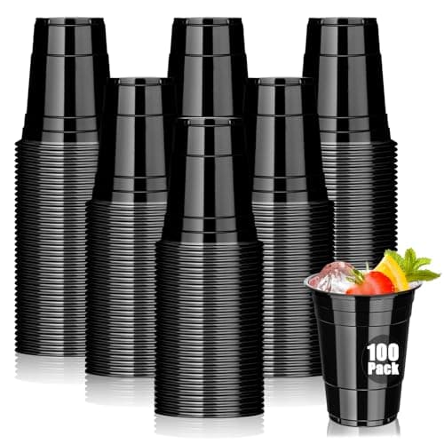 Dualshine 100 Pack Black Plastic Cups 16 oz, Disposable Cups for Party, Heavy Duty Drinking Cups, Halloween Cup for Wedding Birthday Beer Taste Serving Snack Sample Tastings Barbecues Picnic - Image 1