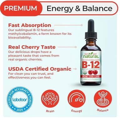 Why Not Natural Organic Vitamin B12 Liquid - Sublingual Extra Strength 60 x 5000 mcg Methylcobalamin Drops, Vegan, Maximize Absorption and Energy - Image 2
