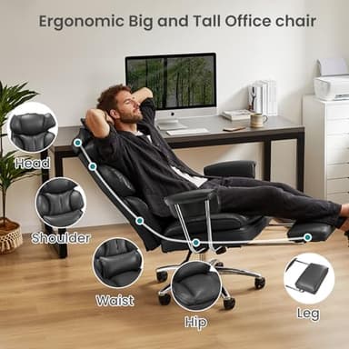 OLIXIS Executive Office Desk Chair, Ergonomic Big Tall High Back Computer Chair with Footrest & Lumbar Support, Reclining Adjustable, Comfy PU Leather Gaming Chair with Outward Fixed Armrests, Black - Image 5