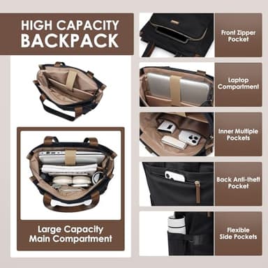 GOLF SUPAGS Convertible Laptop Backpack for Women Casual Daypack Notebook Tote Bag for Work College Travel Leisure (Black) - Image 2