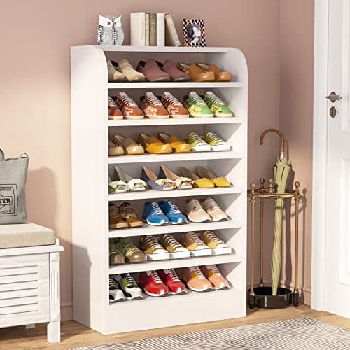 Tribesigns Shoe Rack, 8-Tier Tall Shoe Shelf, Wooden Shoe Storage Cabinet, White - Image 1